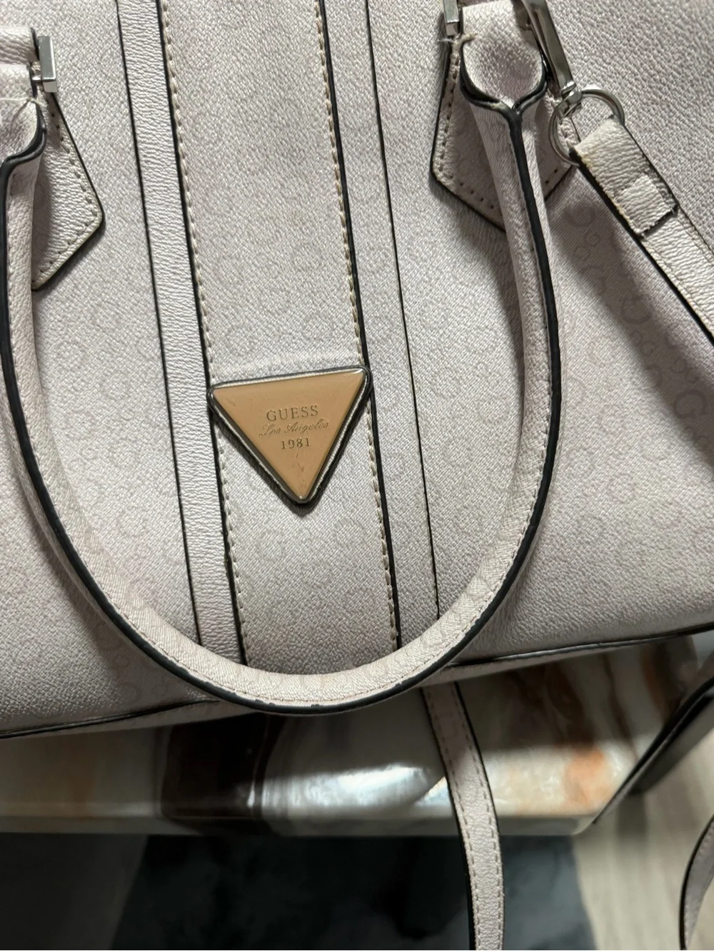 GUESS Light Pink Logo-Print Satchel with Triangle Plaque